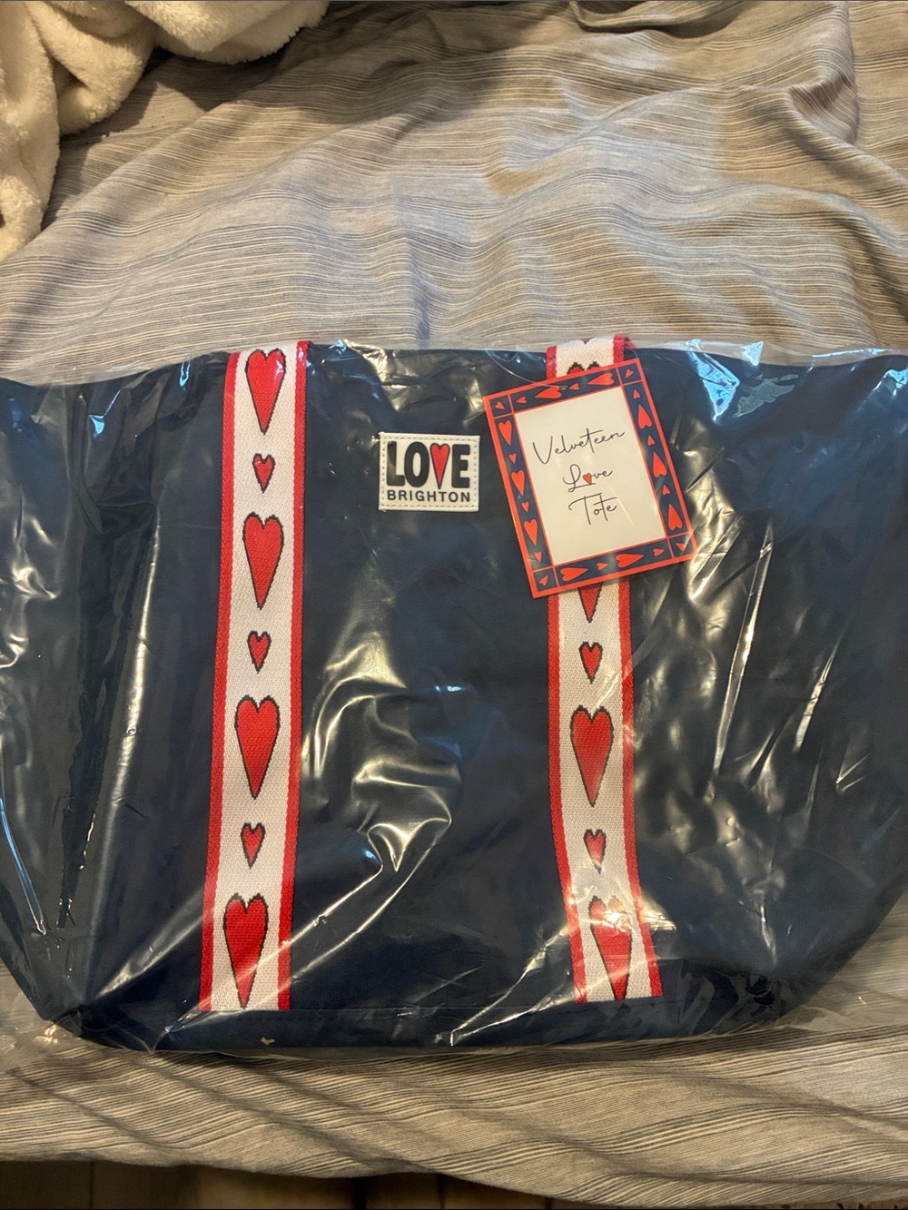 Brighton Navy Tote with Red Heart-Patterned Straps